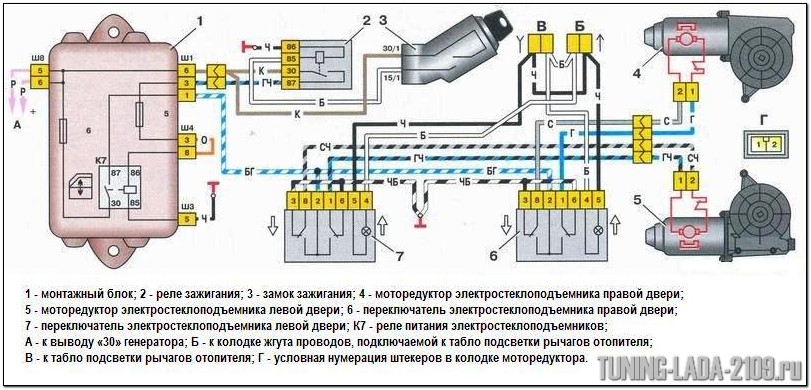 Штатная схема подключения стеклоподъемников Схема для блока 17.3722